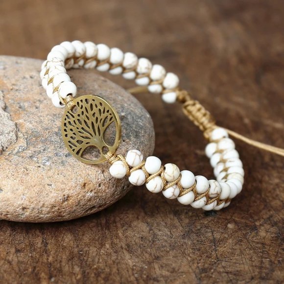 Natural African Stone Bead Bracelet & Bangle with Tree of Life Braided Charm - Picture 4 of 7